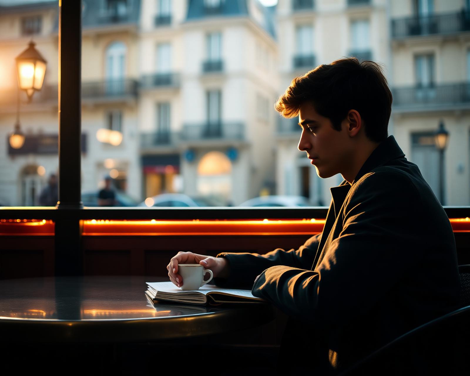 Un jeune étudiant écrivant dans son carnet à la terrasse d'un café parisien, à la lumière du matin