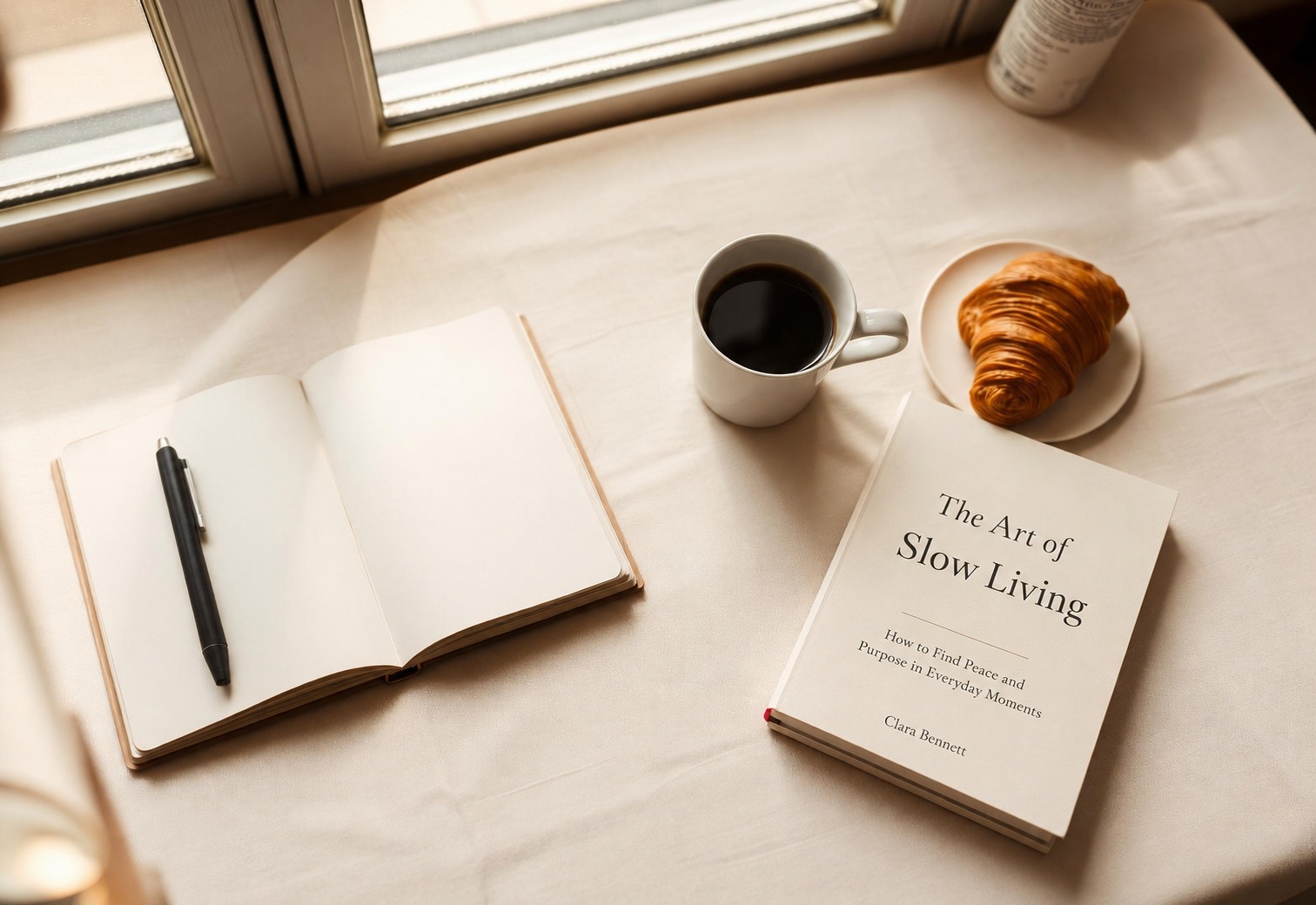 A Parisian cafe table at morning light with an open notebook, espresso and a French novel